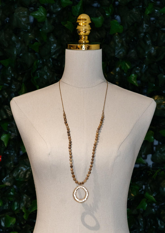 Gold & Beaded Stone Necklace with Gold Circle Pendant