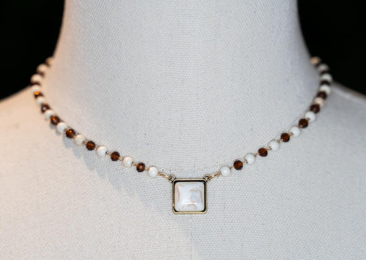 Neutral Square Stone Pendant Beaded Choker Necklace