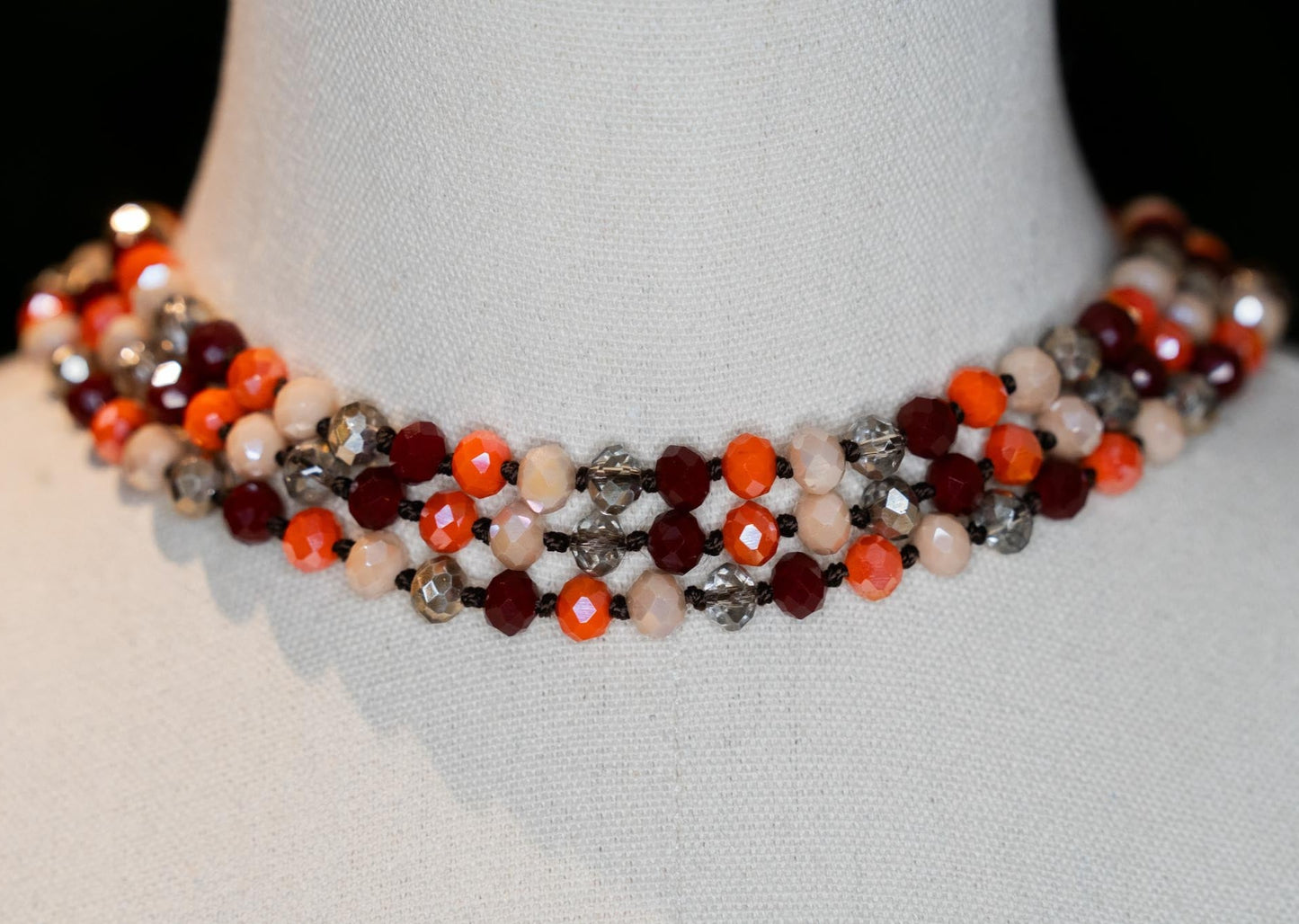 Beaded Knot Necklace Orange Red & Blush