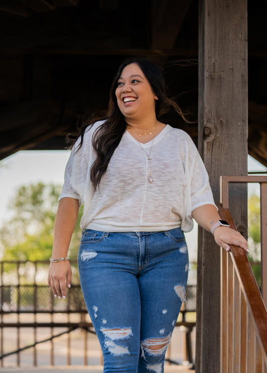 3/4 Dolman Sleeve Knit Top White