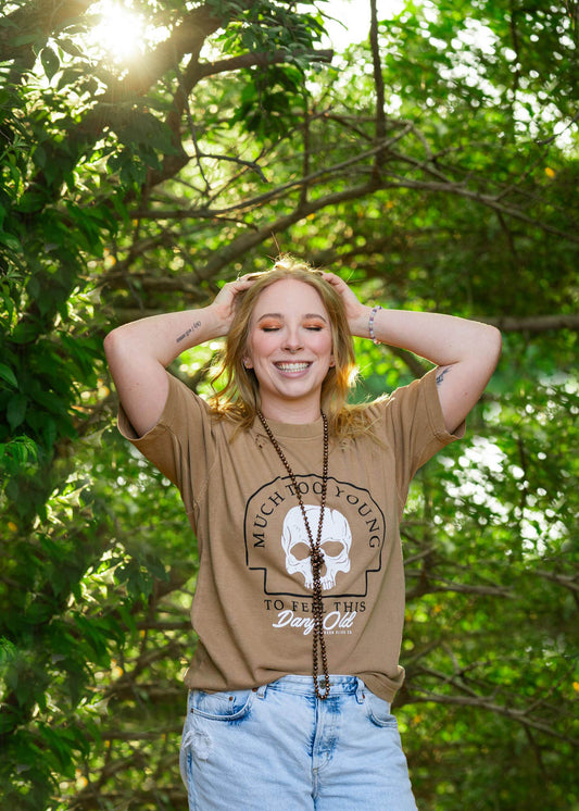 Much Too Young Tan Cut Mock Graphic Tee